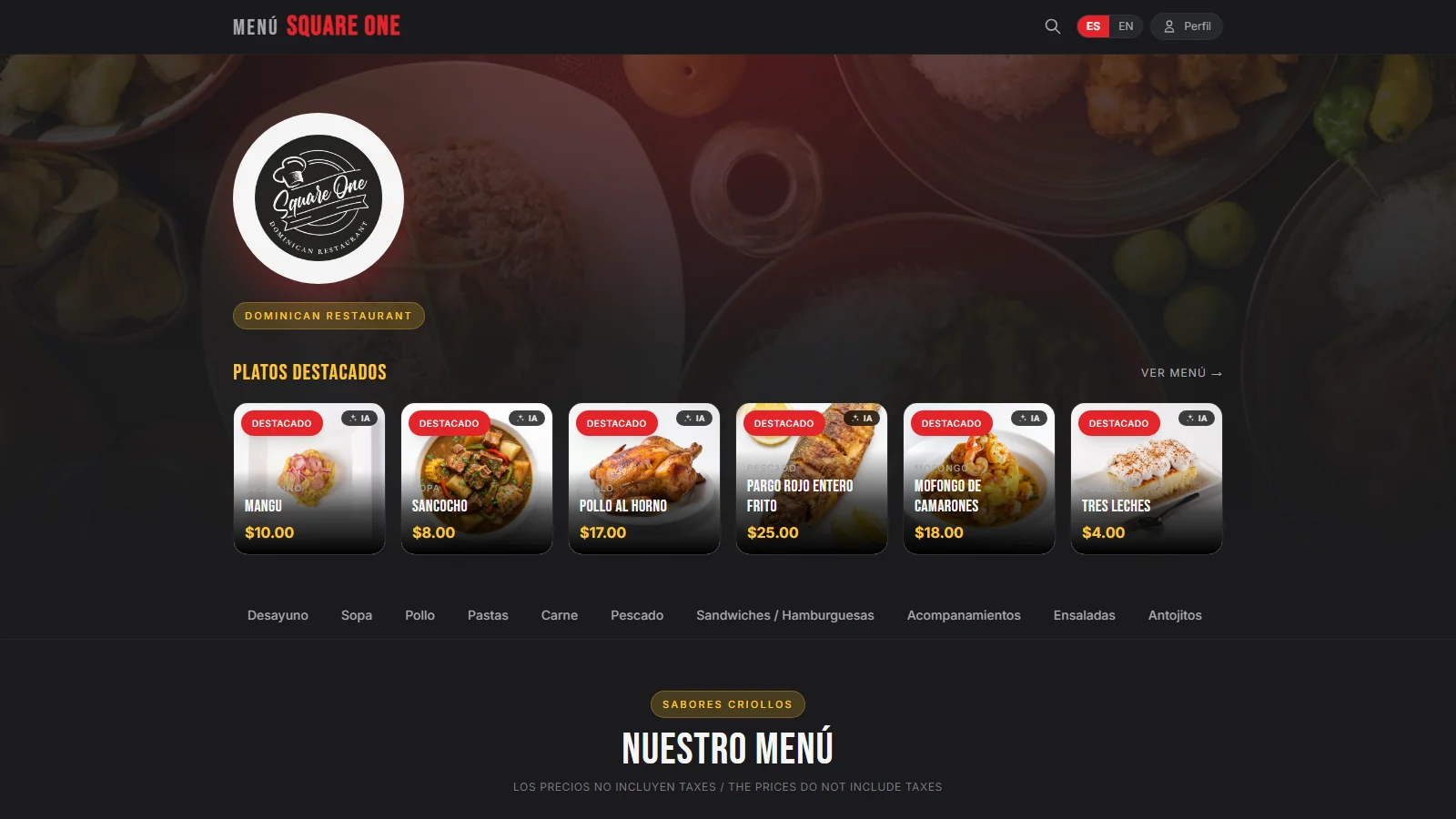 Menú digital de un restaurante dominicano con los platos destacados y sus precios