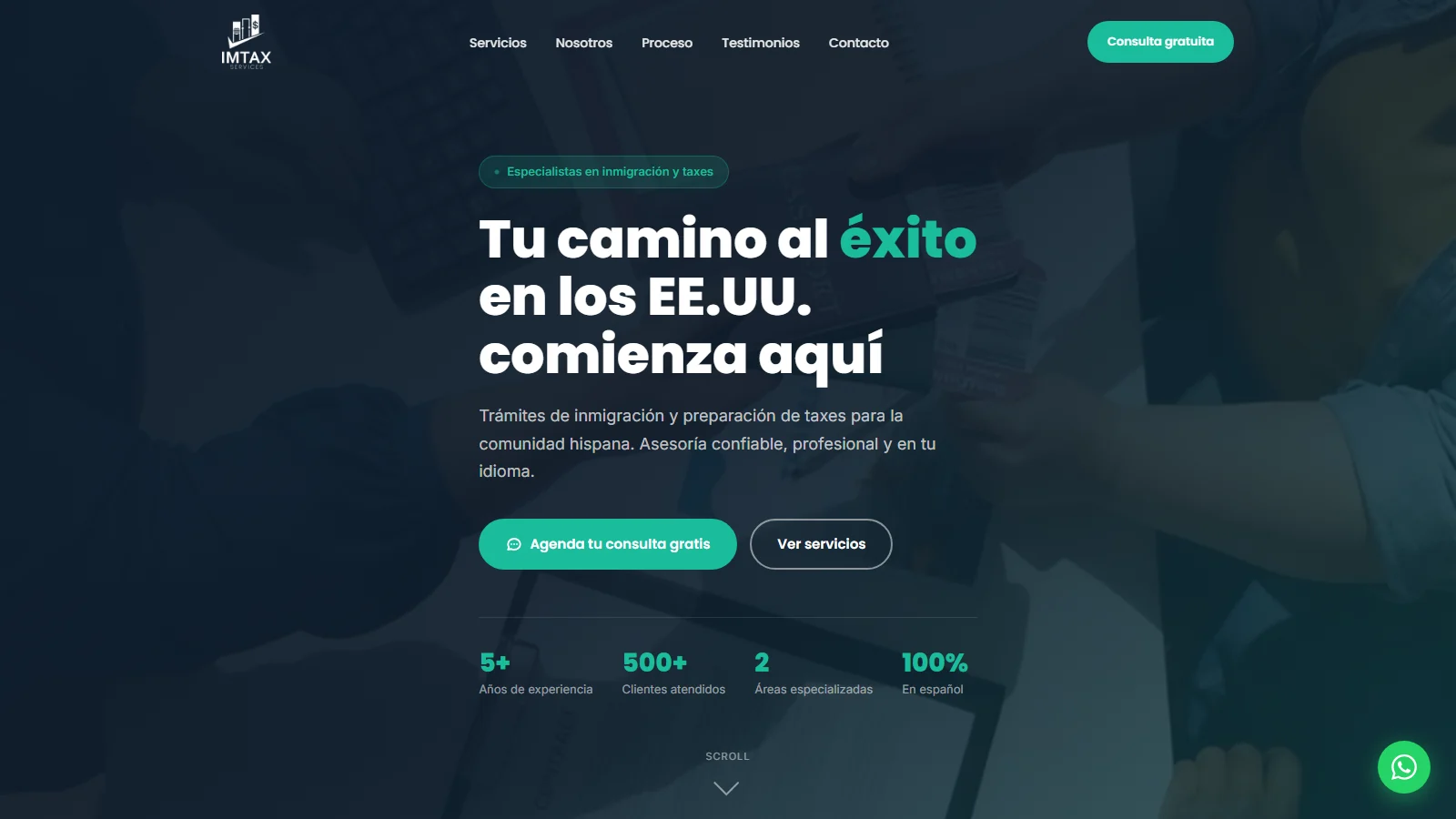 Web de una oficina de impuestos e inmigración del Bronx cargando en fondo oscuro